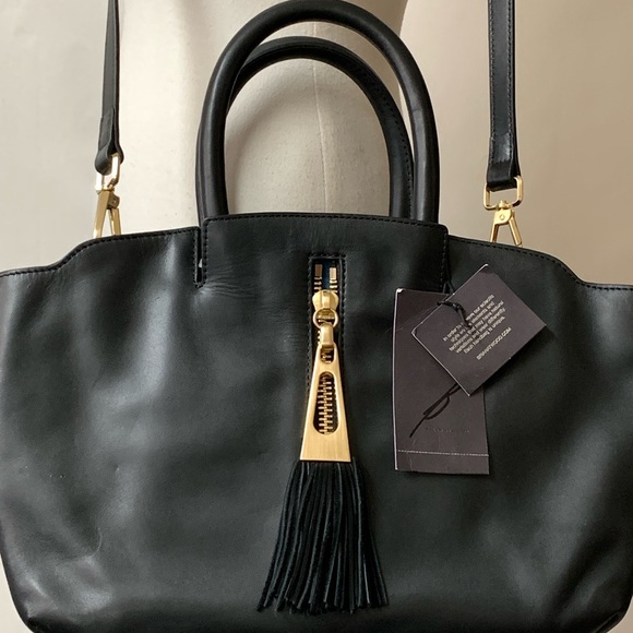Designer Brian Atwood Leather AHAVEN Tassel Zip Pocket BLACK Tote Hand Bag NWT - Picture 2 of 13